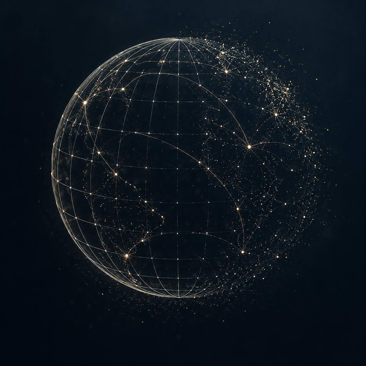 Abstract wireframe sphere formed of fine meridians and points of light representing an international network