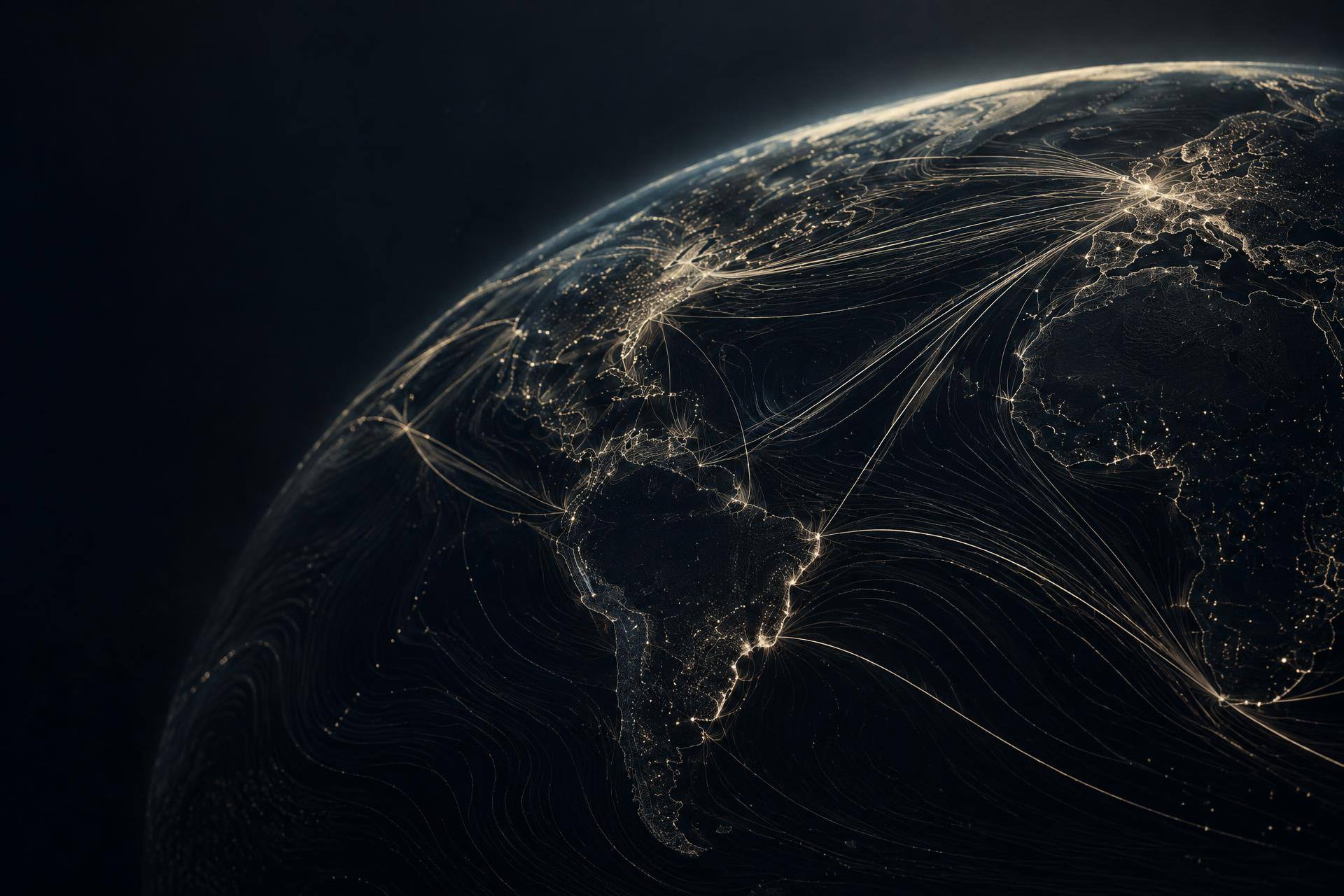 Abstract visualisation of connected global routes drawn in fine light across a dark sphere